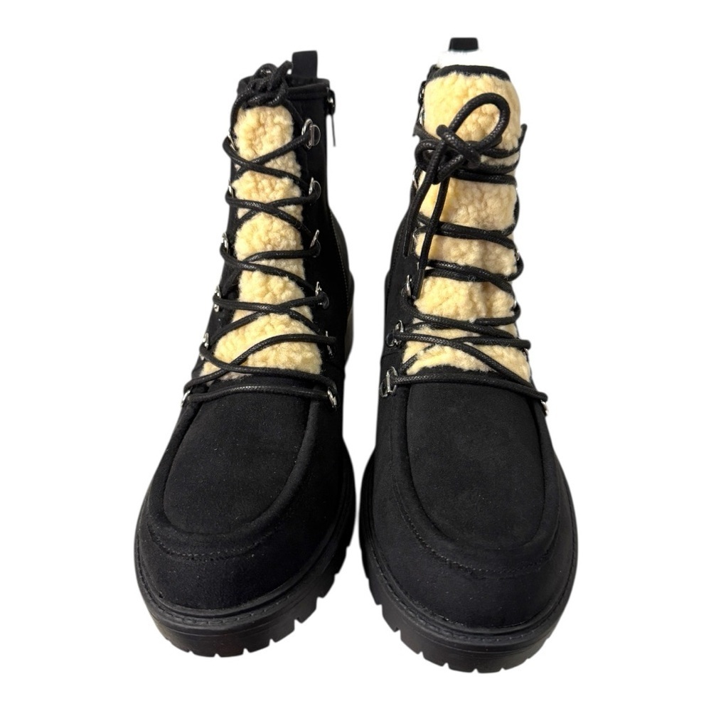 Sun + Stone Quinnnf Black Faux Suede Sherpa Lace-Up Boots Size 8.5M